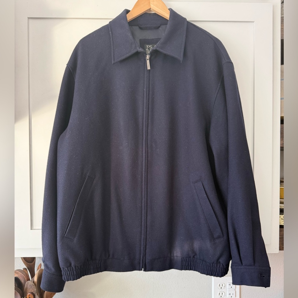 Jos A Bank Wool Blend Bomber Jacket Navy Blue Zip Front Men’s Large